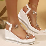 Elegant Rhinestones Flowers Sandals Women Fashion Crystal Chunky Platform Sandles Woman Slip On Wedge High Heels Sandalias Mujer