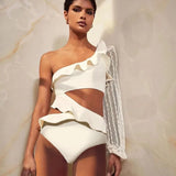 One Piece Swimsuit Sexy Long Sleeve Tropical Print Swimwear Women Bandage Monokini Hollow Out Bathing Suit String Beachwear 2023