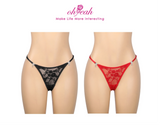 Black Lace Mesh Panty for Women See Through Adjustable Waistband Rhinestone Bow Decorative Buttons Plus Size Thong Underwear