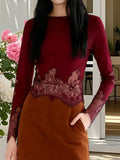 Women's Spring Summer Round Neck Tops Solid Color Long Sleeve Slim Fit Party Lace Patchwork T-shirts