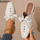 2026 New Retro Summer Brown Women's Slippers Thick Low Heels Square Head Lace Up Ladies Comfortable Outdoor Beach Sliders 35-45