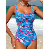 S - XL Sexy Flowers Printed Floral Wrinkled One Piece Swimsuit Women Swimwear Female High Leg Cut Bather Bathing Suit Swim V5816