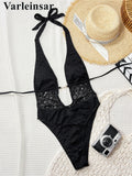 Lace Deep V Neck Halter Women Swimwear One Piece Swimsuit Female Monokini High Leg Cut Backless Bather Bathing Suit Swim V8264