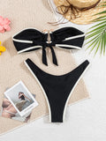 DEKA Solid BandeauU Ring Bikini High Waist Swimsuit Women Tie Side Shiny Metal Hardware Ring Bandeau Swimwear Padded Bra Top