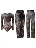 S - XXL 3PCS New Printed Long Sleeve With Pants Sarong Women Swimwear One Piece Swimsuit Female Bather Bathing Suit Swim K7180