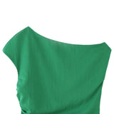 Women's Casual Slim-fit Top Ruched Design Green Ruched Sleeveless Top For Women One Shoulder Slim Fit Casual Summer Blouse 4WHE