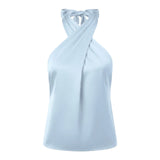 Women Satin Tank Tops Solid Color Backless Sleeveless Cross-criss Halter Vest 2026 Summer Fashion Elegant Top Streetwear