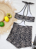 2 Colors Sexy One Piece Swimsuit Swimwear Women Black Leopard Colorful Print High Waist Halter Bathing Suit Beachwear Metal Hoop