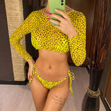 S- XXL Leopard Printed Long Sleeve Bikini Women Swimwear Female Swimsuit Three-Pieces Bikini Set Bather Bathing Suit Swim V3193Y