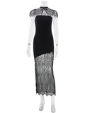Ahagaga Fashion Women's Maxi Dresses Lace Patchwork Sexy Sheer Split Bodycon Slim Fit Turtleneck Sheath Female Party Vestidos