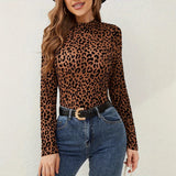 European and American sexy single-layer bra, stand-up collar, mesh bottoming top, women's leopard print inner top