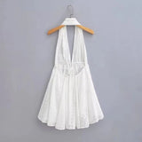 Foridol White Beach Summer Dress Women Backless Cotton Lace Short Autumn Sundress Women Clothing Halter A-line Pleated Dress