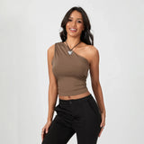 Women's One Shoulder Tank Tops Sleeveless Slim Fit Vest Solid Color Crop Tops Summer Shirts Streetwear