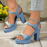 Stylish Pearl Decor Denim Sandals Women Summer Plus Size Buckle Platform Sandal Woman Office Ladies Open Toe Sandalias Mujer