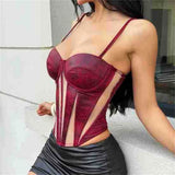 Breathable Court Style Corset for Women Wine Leather Mesh Patchwork Bodycon Vest Summer Slim Fishbone Y2K Lady Tank Tops