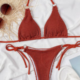 5 Colors Sexy Bikini Women Swimwear Swimsuit Solid Halter Pleated Triangle Knotted Beach Bikinis Set Bathing Suit Rings Decor