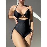 S - XL Metal Flower Cut Out Halter Women Swimwear One Piece Swimsuit Female Backless High Leg Cut Bather Bathing Suit Swim K7446