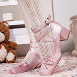 2025 Summer Cute Satin Pink Lolita Block Heels Mary Janes Shoes Women Sweet Buckle Cross-Strap Ballet Pumps Wedding High Heeled