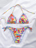 Women Cute Bikini Set 2025 New Summer Orange Floral Print Halter Ruffles Push Up Tie Side Thong Swimsuit Bathing Suit