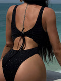 Glitter Sparkling Cut Out Backless One Piece Swimsuit Women Swimwear Female High Cut Leg Padded Bather Bathing Suit Swim V6493