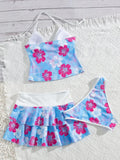 Vintage Green Floral Print Bikini Set 2026 Women Drawstring Pleate Skirt 3 Piece Swimsuit Beach Holiday Bathing Suit Swimwear