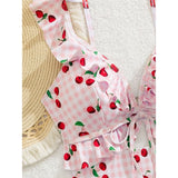 S - XL Cherry Printed Plaid Cut Out One Piece Swimsuit Women Swimwear Female Frilled High Leg Cut Bather Bathing Suit Swim V7557