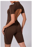 Summer Zipper Workout Jumpsuit Sports Overalls Women Running Fitness Short Sleeve Yoga Bodysuit