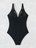 Solid Color One Piece Bikini for Women,sexy Deep-V Neck Suspender Backless Swimsuit,high Waist Translucent Striped Mesh Swimwear