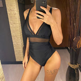 S - XL New Sexy Mesh Sheer V Neck Women Swimwear One Piece Swimsuit Female High Leg Cut Monokini Bather Bathing Suit Swim V5136