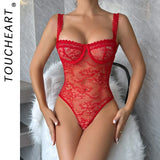 Toucheart Sexy Mesh Patchwork Embroidery Jumpsuit For Women Lace Sling Underwear Solid Color Sexy See-Through Backless Jumpsuit