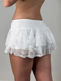 Women's Summer Sexy Casual Skirt Solid Color Low Waist Lace Ruffled Skirt with Lined Shorts