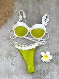 Sexy Women Swimsuit Summer Set Solid Color Pixel Style Lace Trim Tank Top Biquini Low Waist Slim Fit Two-Piece Bikini Swimwear