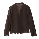 2026 Spring New Women Elegant Loose V Neck Wave Trim Polka Dot Blouse Thin Long Sleeve Top