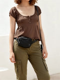 Summer Women Short Sleeve T-shirt Solid Color Low-necked Pleated Hem Casual Tops Y2K Retro Shirts