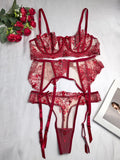 Women's New Floral Embroidered See-Through Mesh Lingerie 4-Piece Set - Sexy Underwear for Special Nights