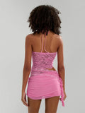 Women Lace Flower 2 Piece Sets Sleeveless Corset Cami Tops + Cut Out Tie-up Mini Skirts Sets Sexy Streewear