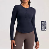 Women's fitness yoga suit, tight fitting long sleeved Henley shirt, running fitness base top