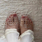 New 2025 Women Fashion Jelly Shoes Summer Cut-out Flat Sandals, Soft PVC Casual Square Toe Girls Daily Walking Sandalias