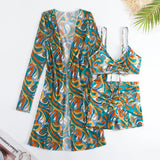New Sexy 3 Pieces Suit for Women Neck Hanging Bikini Set+Cover-up Swimwear Sunproof Tankini High Waist Shorts Swimsuit Beachwear