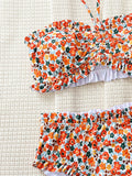 sexy ruffles floral print bandeau bow bikinis sets two pieces high waist swimsuit Swimwear bathing suit beach outfits biquini