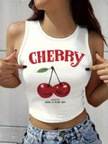 Vintage Happy Cherry Printed Crop Top Vest Women's Print Tank Top Round Neck Sleeveless Shirt Cropped T-shirt Sexy