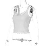 FDYOUI Sexy Lace Patchwork Tank Tops for Women Fashion Sleeveless Backless Cropped T-shirt Black White Y2K Skinny Corset Top