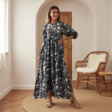 Women Bohemian Holiday Beach Long Dress 3/4 Sleeve V Neck Floral Print Loose Summer Casual Swing Dresses