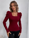 Phantasy New Y2k Tops Fashion Square Collar Slim Leg Sleeve Knitted Bubble Long Sleeve T-shirt Casual Style Vintage Clothing