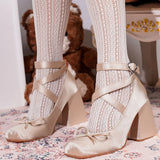 2025 Summer Cute Satin Pink Lolita Block Heels Mary Janes Shoes Women Sweet Buckle Cross-Strap Ballet Pumps Wedding High Heeled