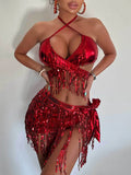 DEKA  Brazilian Silver Sequin Tassel Bikini Set Women's Halter Fringes Bra Shorts Nightclub Swimsuit Dance Stage Outfit Swimwear