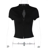 FDYOUI Woman Covered Buttons T-shirts 2026 Summer Short Sleeve Slim Cardigan Tops Ladies Chic Corset Tee Shirt White Black Red
