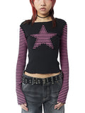 Early Autumn Punk Style Slim Fit T-shirt Women Long Sleeve Crew Neck Star Stripes Patchwork Ladies Tops for Casual Daily