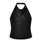 Women Summer Halter Neck Vest Sleeveless Open Back Solid Color Satin Tank Tops