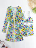 New Sexy 3 Pieces Suit for Women Neck Hanging Bikini Set+Cover-up Swimwear Sunproof Tankini High Waist Shorts Swimsuit Beachwear